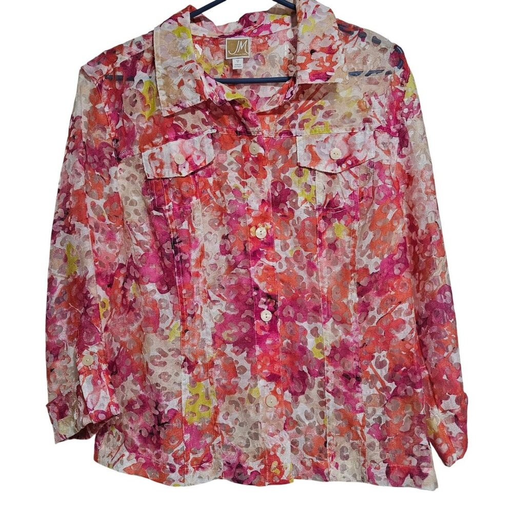 JM Collection Women’s Sheer Floral Button-Up Shirt Pink/Orange 12 Dopamine Boho